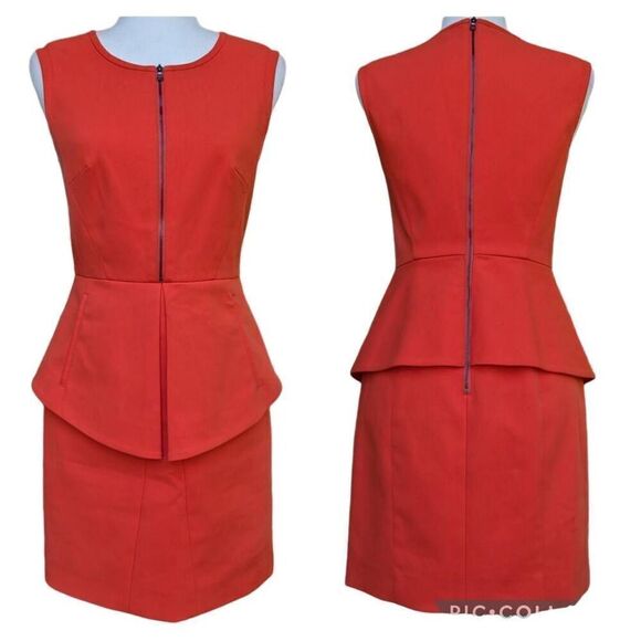 tibi Orange Reddish Peplum Mini Dress Two Zip Stretch Lined Size 4 City Cocktail - Picture 2 of 14